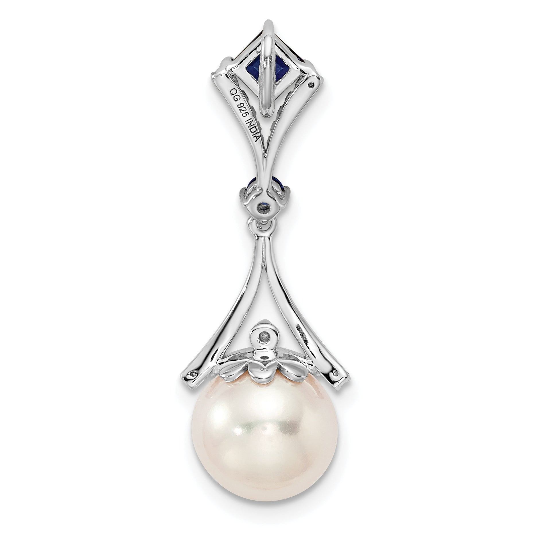 Sterling Silver Rhod Plated Dia. Created Sapphire Fw Cultured Pearl Pendant