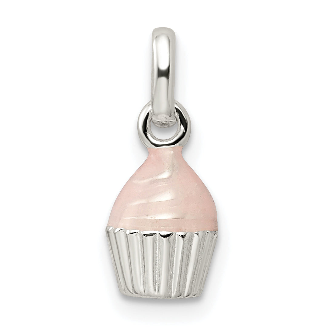 Sterling Silver Polished & Pink Enameled Cupcake Children'S Pendant