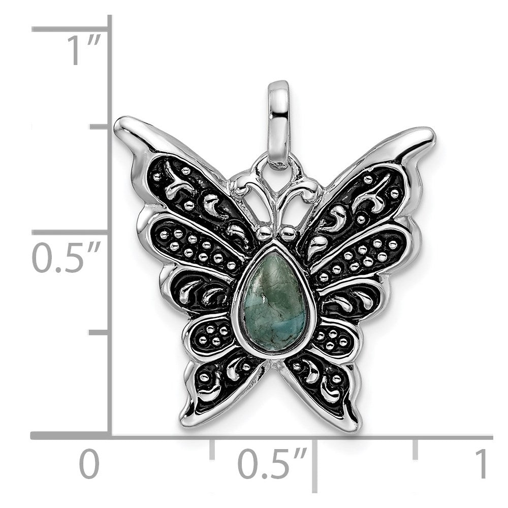 Sterling Silver Rhodium/Oxidized Reconstituted Turquoise Butterfly Pendant