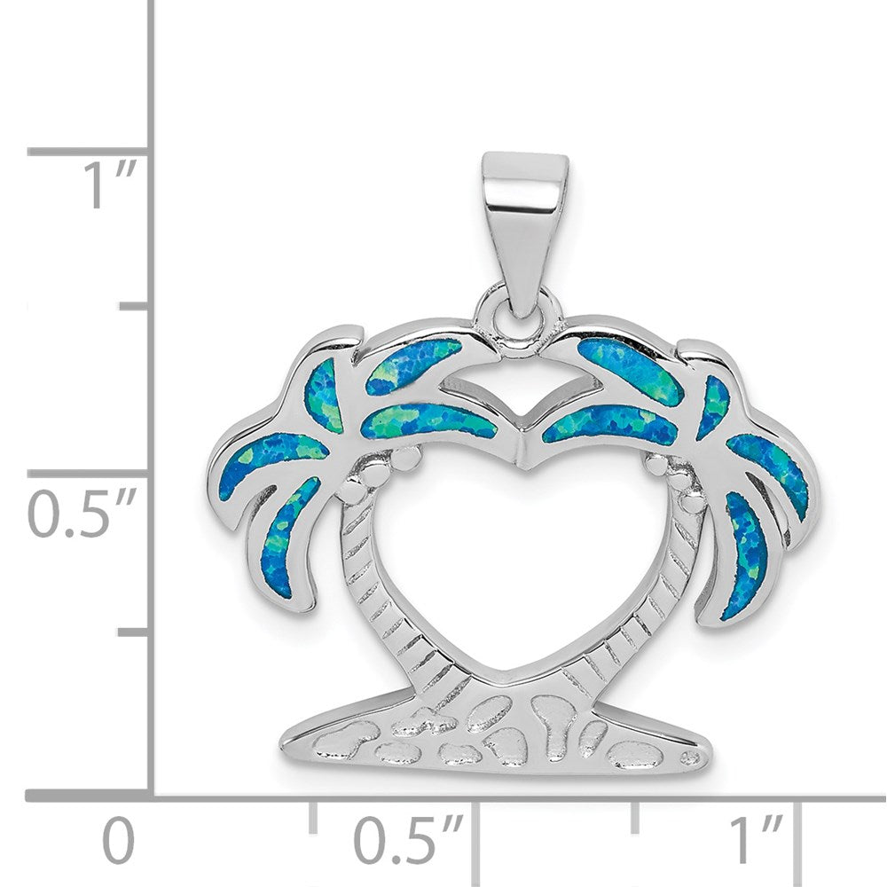 Sterling Silver Rhodium-Plated Created Blue Opal Palm Trees Pendant