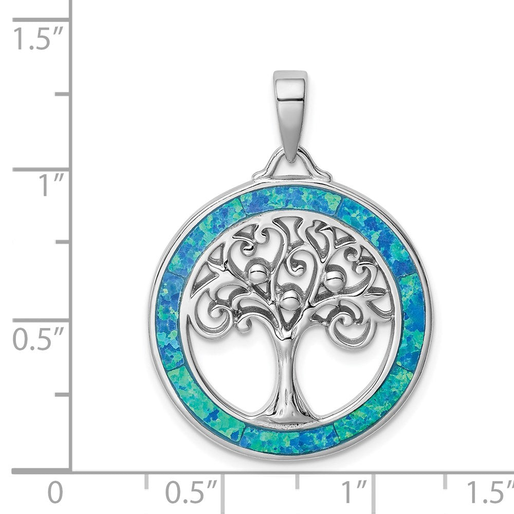Sterling Silver Rhodium-Plated Created Opal Circle W/Tree Pendant