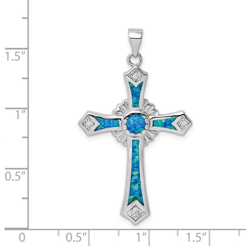 Sterling Silver Rhodium-Plated Lab Created Blue Opal And Clear Cz Cross Pendant