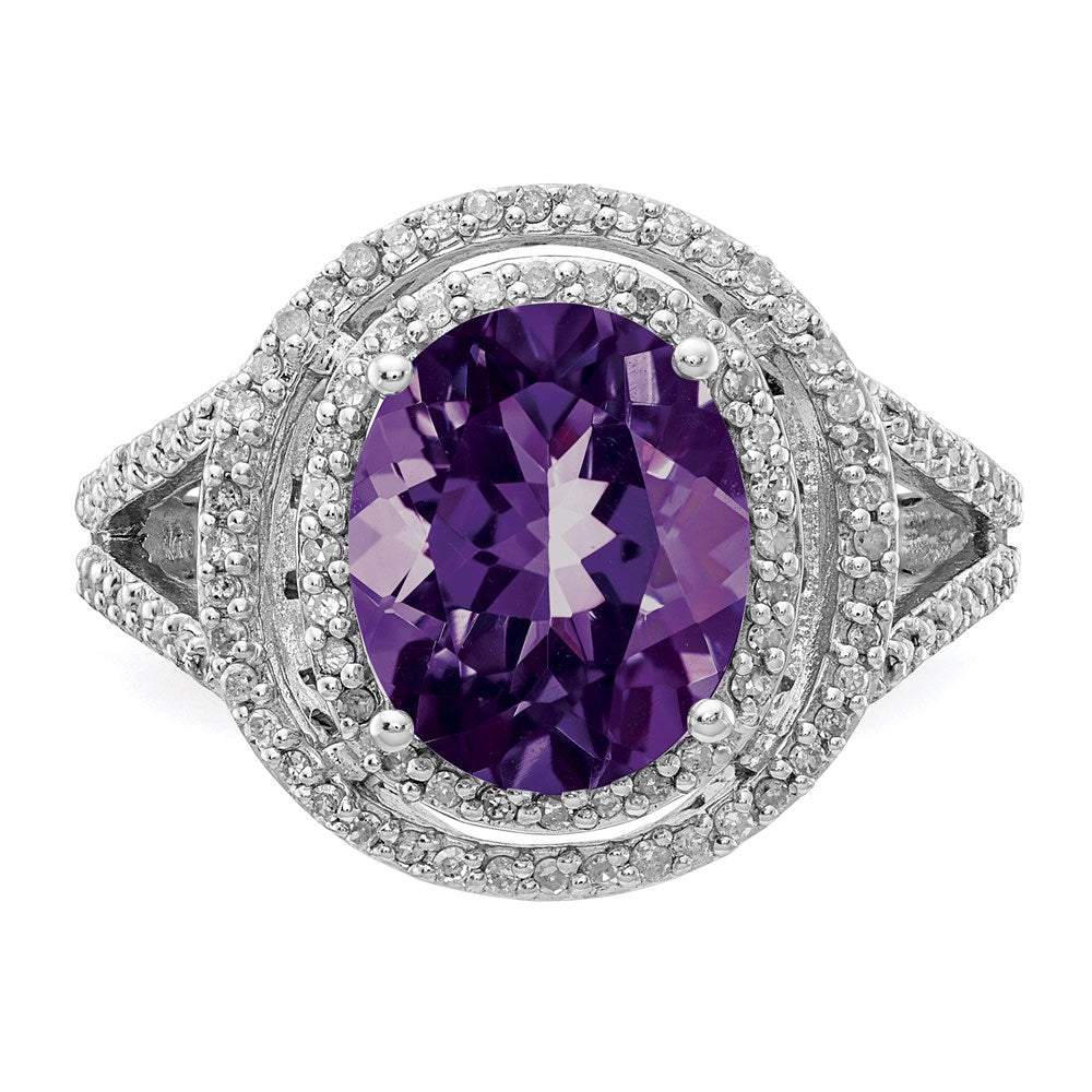 Sterling Silver Rhodium Plated Oval Amethyst & Diamond Ring (Size 7 Only)