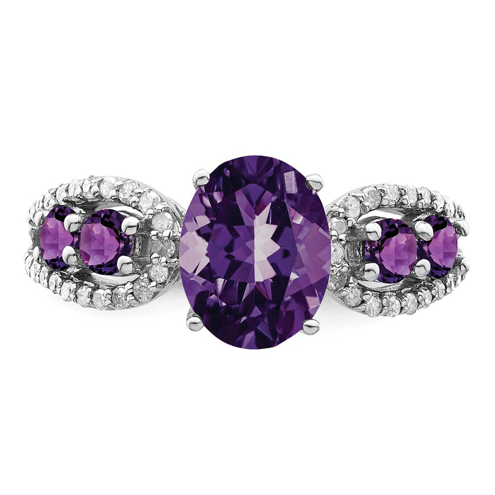 Sterling Silver Rhodium Plated Amethyst & Oval Diamond Ring (Size 7 Only)