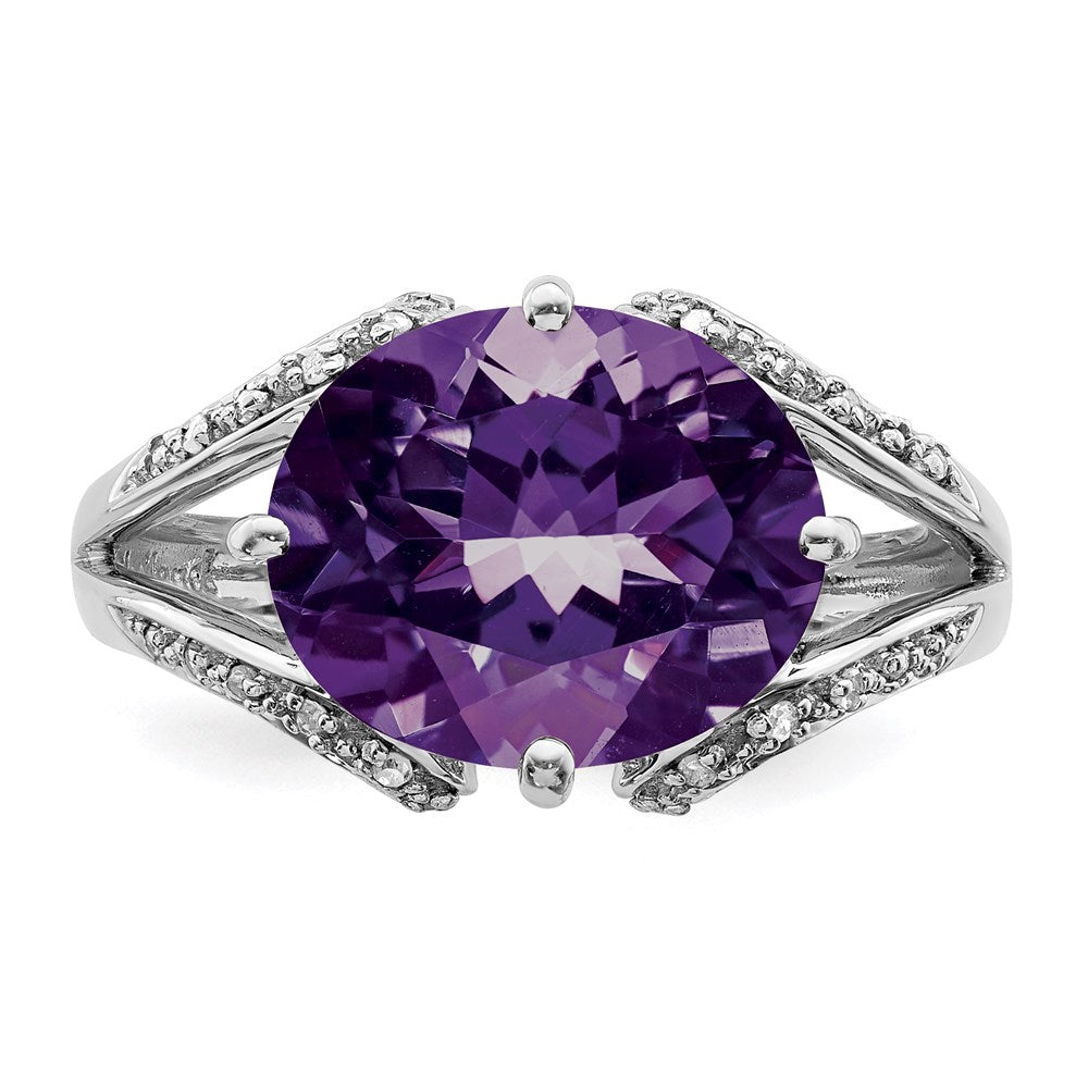 Sterling Silver Rhodium Plated Oval Amethyst & Diamond Ring (Size 7 Only)