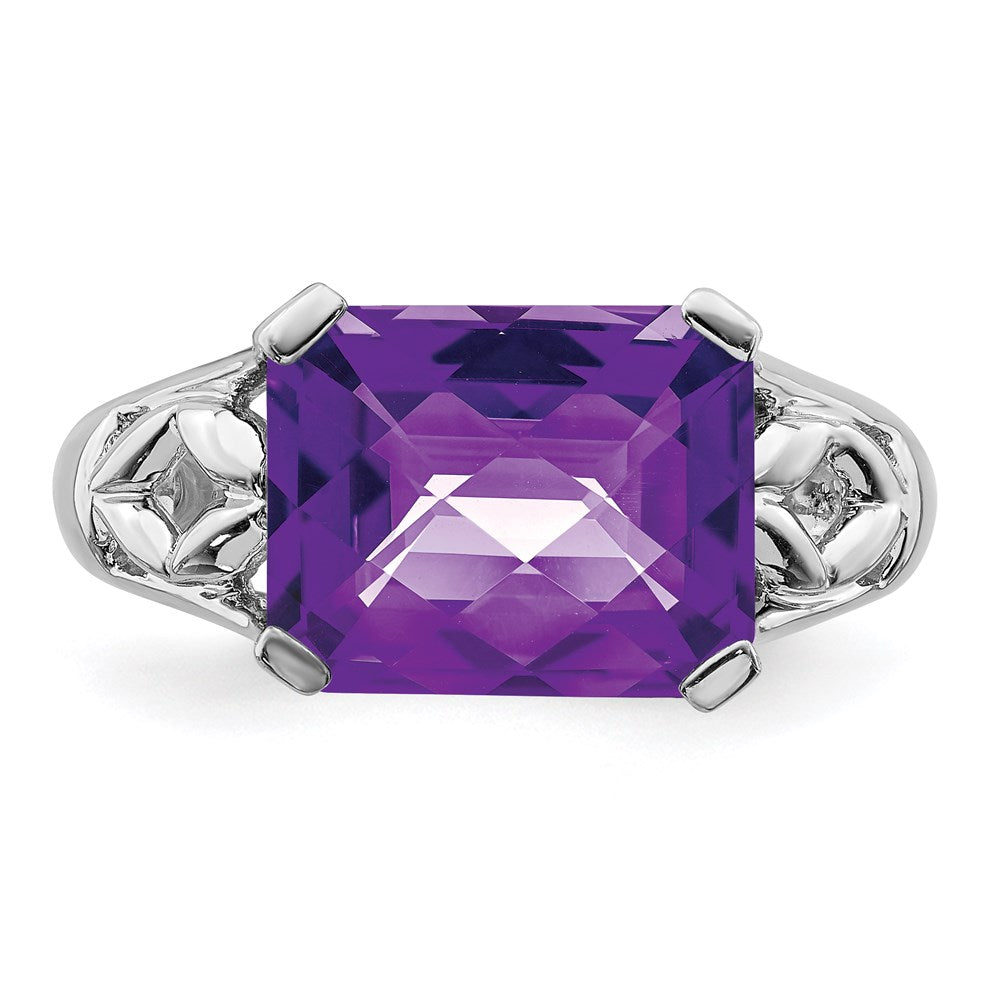 Sterling Silver Rhodium Plated Checker Cut Amethyst Ring (Size 5 Only)