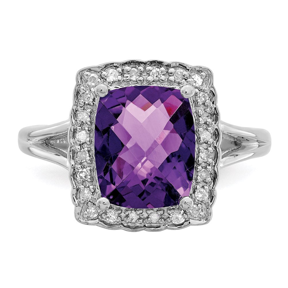 Sterling Silver Rhodium Plated Checker Cut Amethyst & Diamond Ring (Size 7 Only)