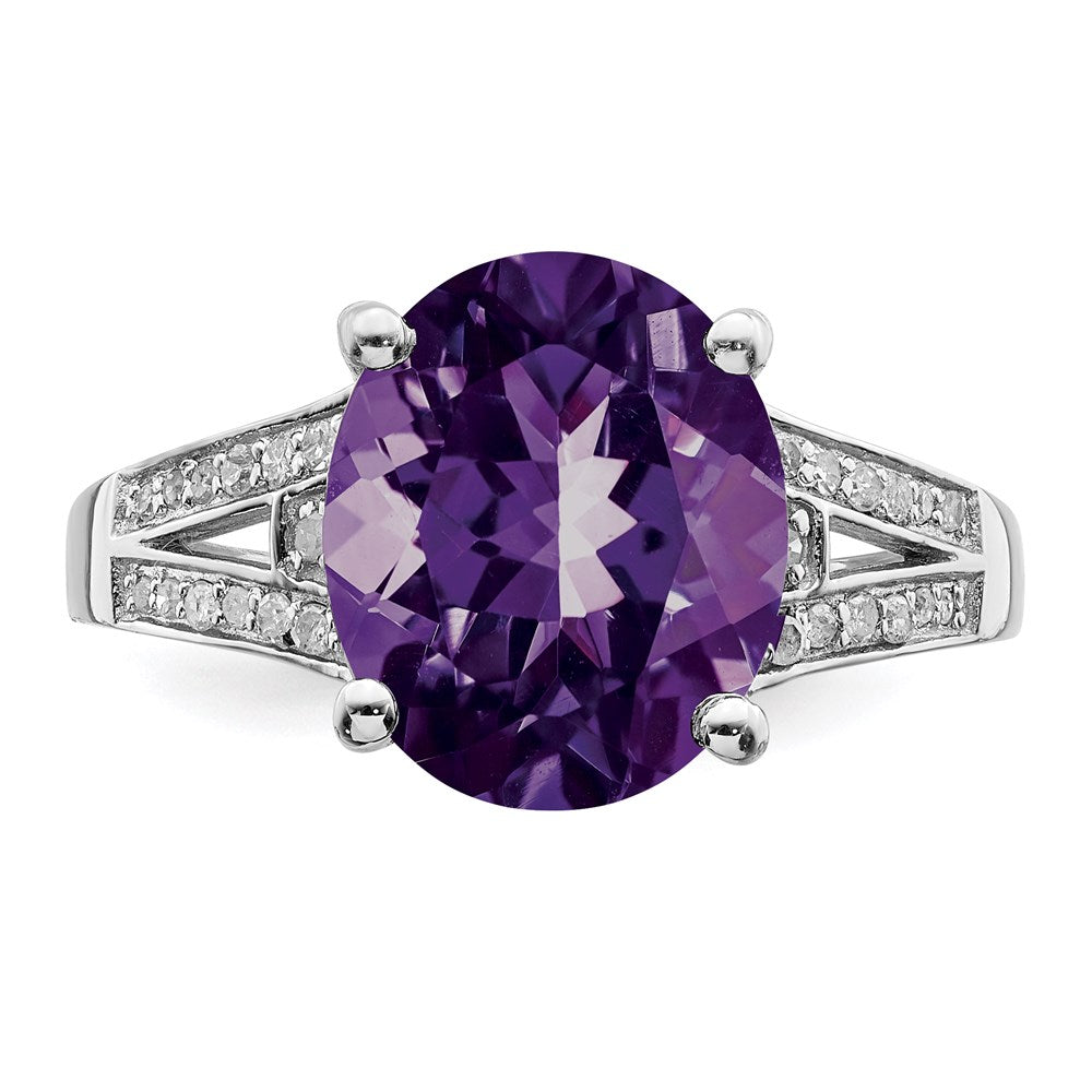 Sterling Silver Rhodium Plated Oval Amethyst & Diamond Ring (Size 7 Only)