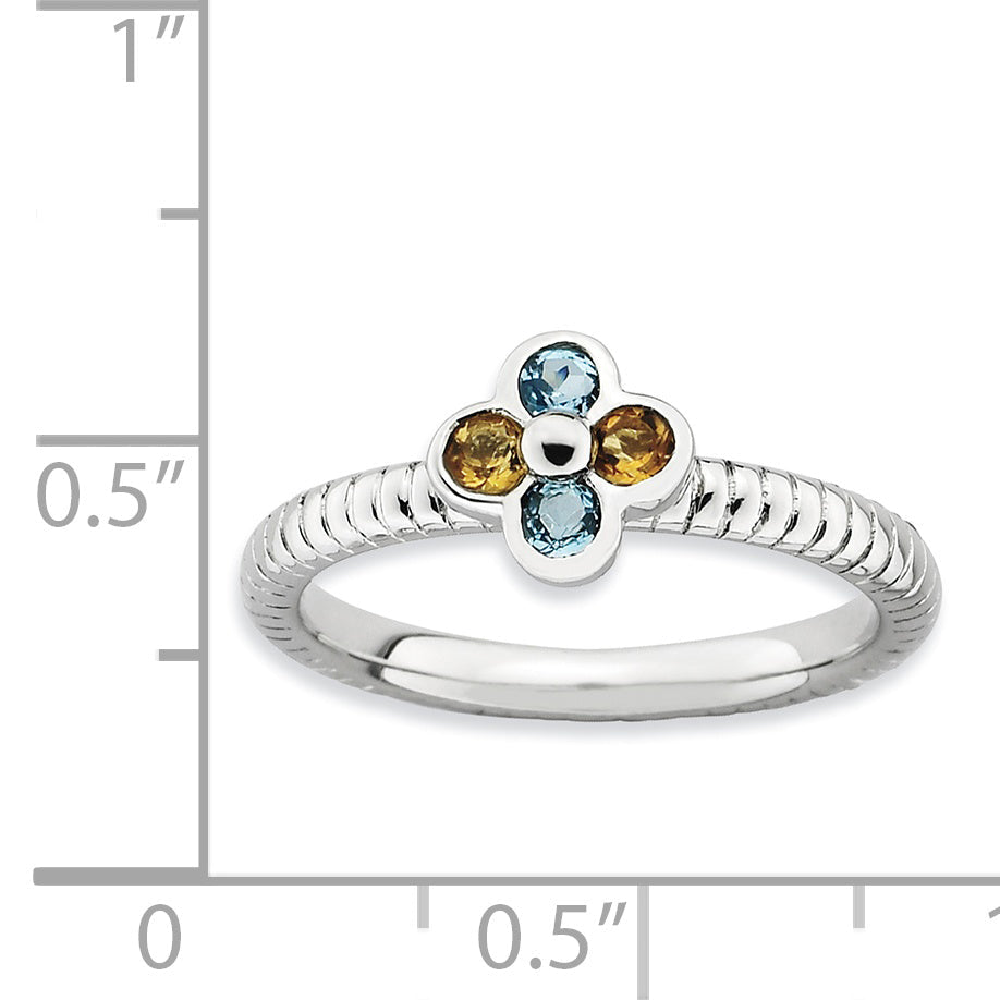 Sterling Silver Stackable Expressions Blue Topaz & Citrine Flower Ring (Size 5 Only)