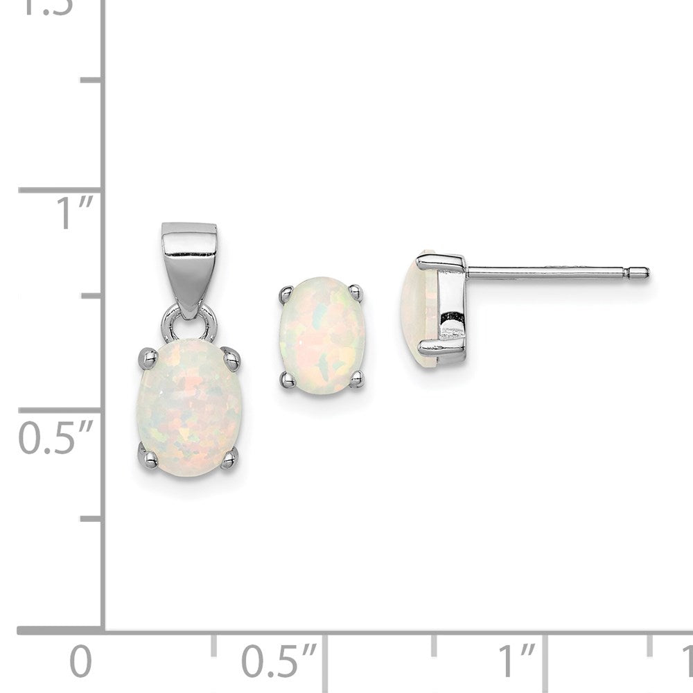 Sterling Silver Rhod-Plate Oval Created Opal Pendant/Earrings Set