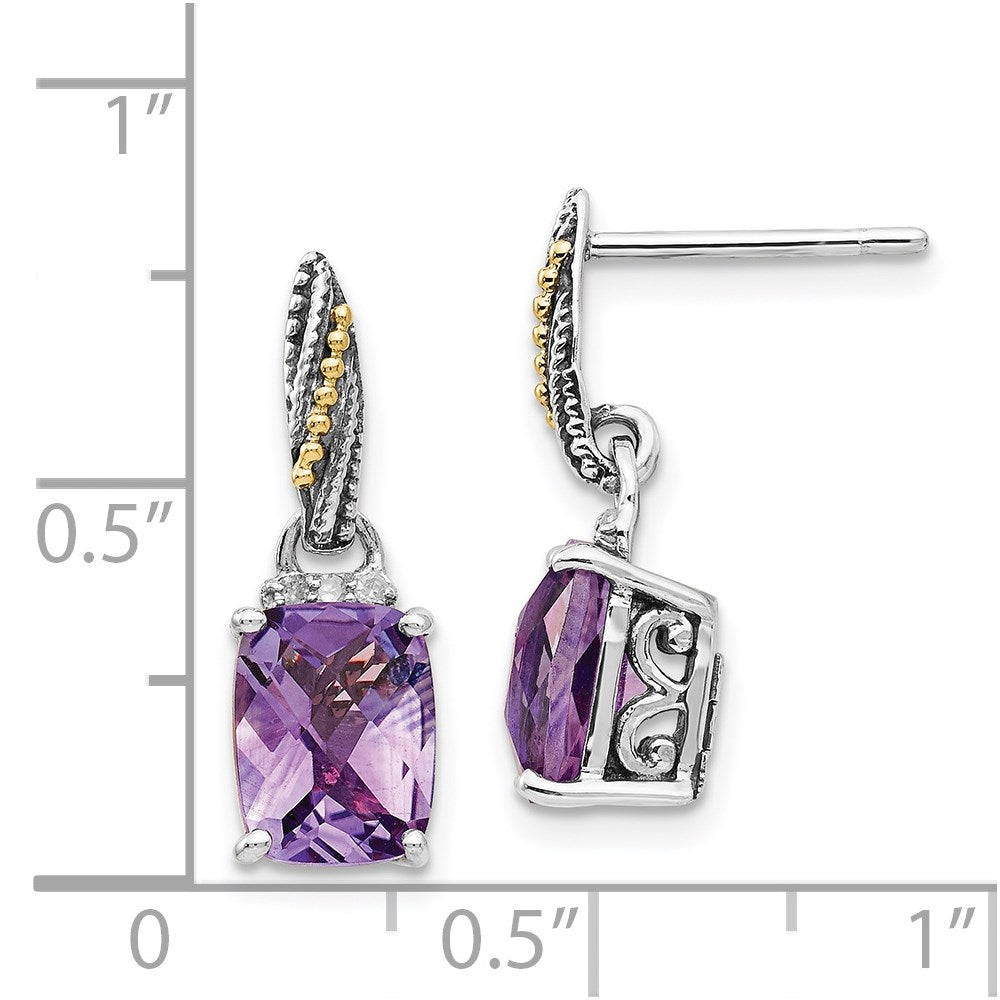 14K/Silver Two Tone Shey Couture Sterling Silver With 14K Accent Antiqued Diamond And Cushion Amethyst Dangle Post Earrings