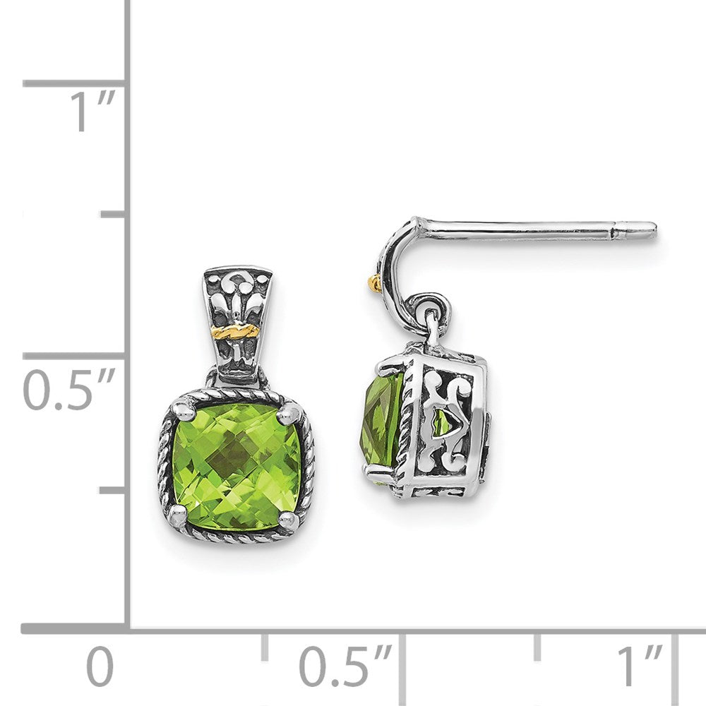 14K/Silver Two Tone Shey Couture Sterling Silver With 14K Accent Antiqued Cushion Peridot Dangle Post Earrings