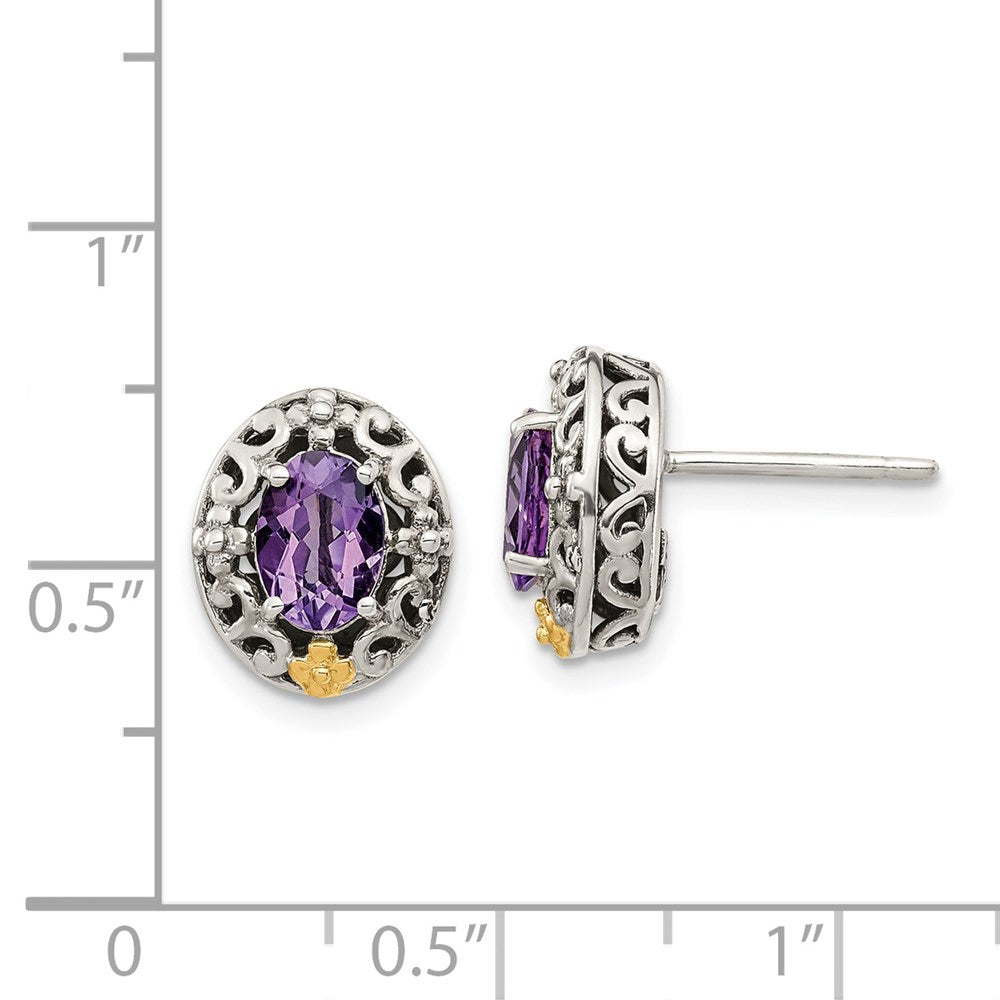 14K/Silver Two Tone Shey Couture Sterling Silver With 14K Accent Antiqued Oval Amethyst Post Earrings