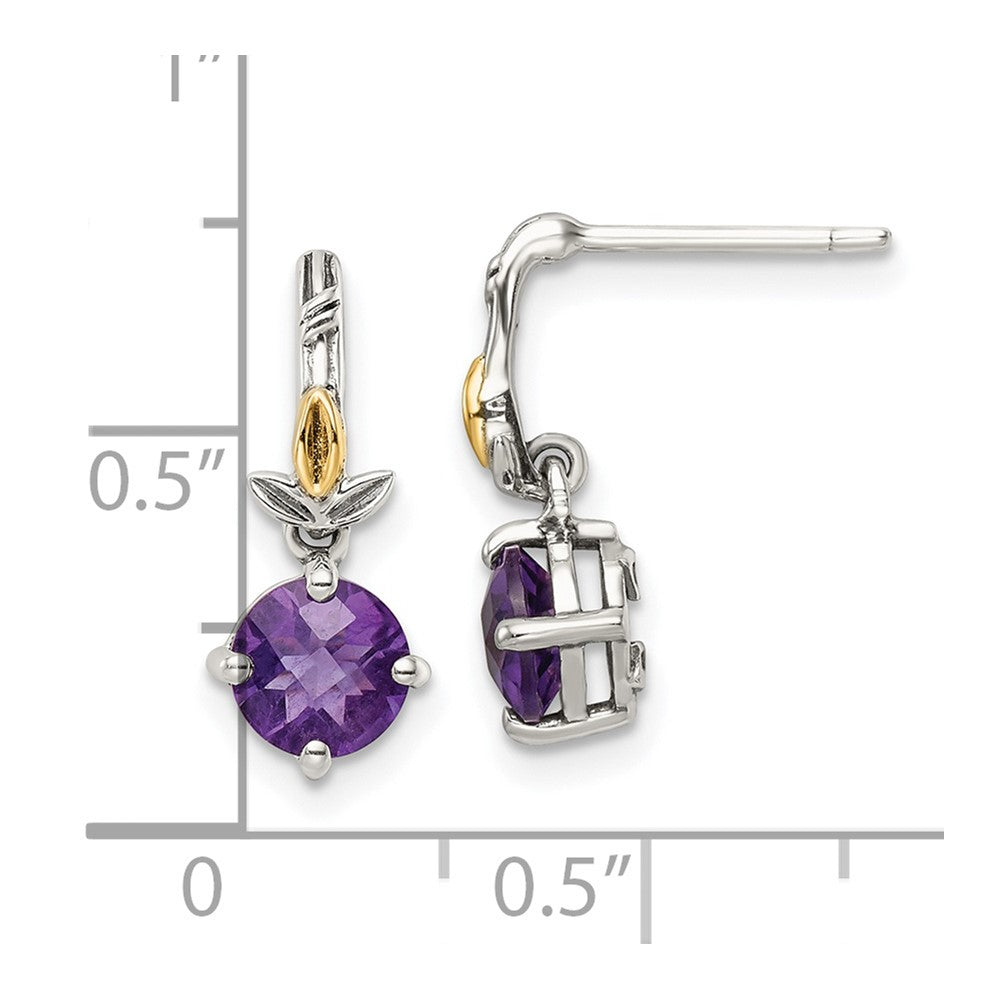 14K/Silver Two Tone Shey Couture Sterling Silver With 14K Accent Leaves Round Amethyst Dangle Post Earrings
