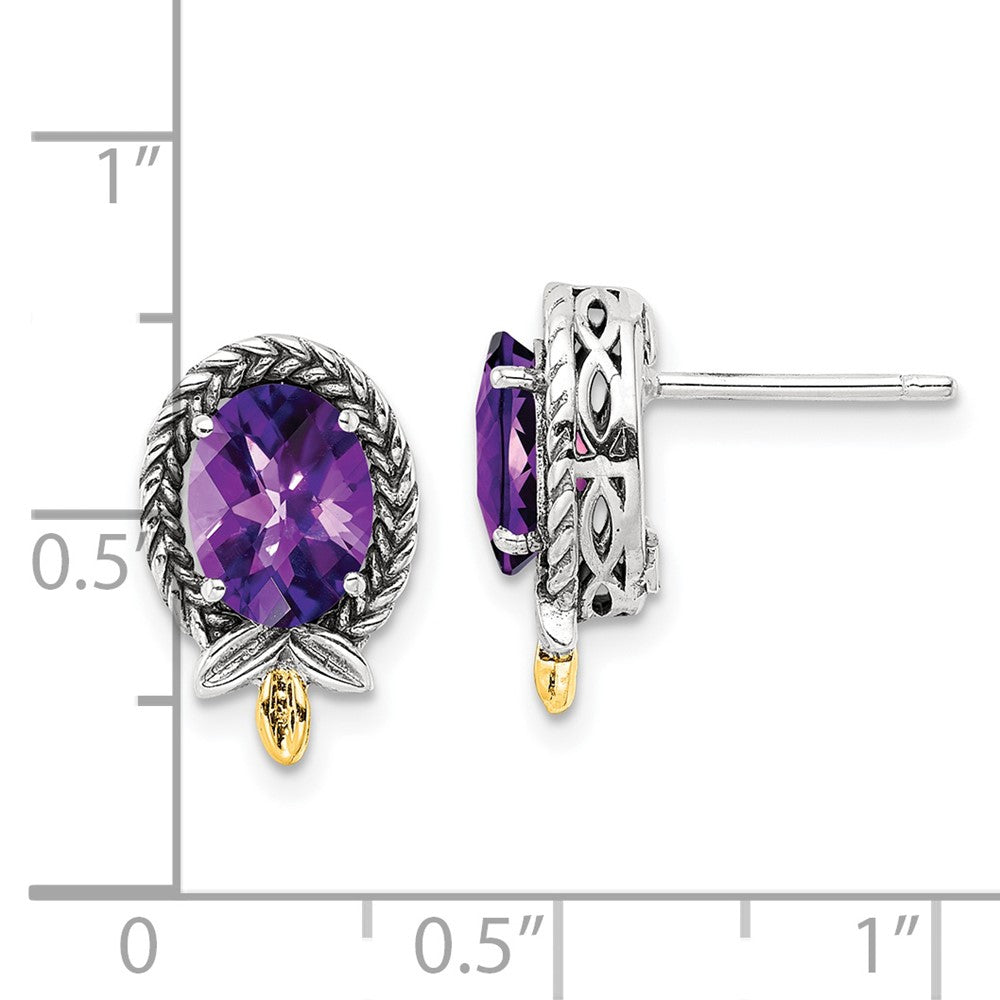 14K/Silver Two Tone Shey Couture Sterling Silver With 14K Accent Antiqued Braided Oval Amethyst Post Earrings