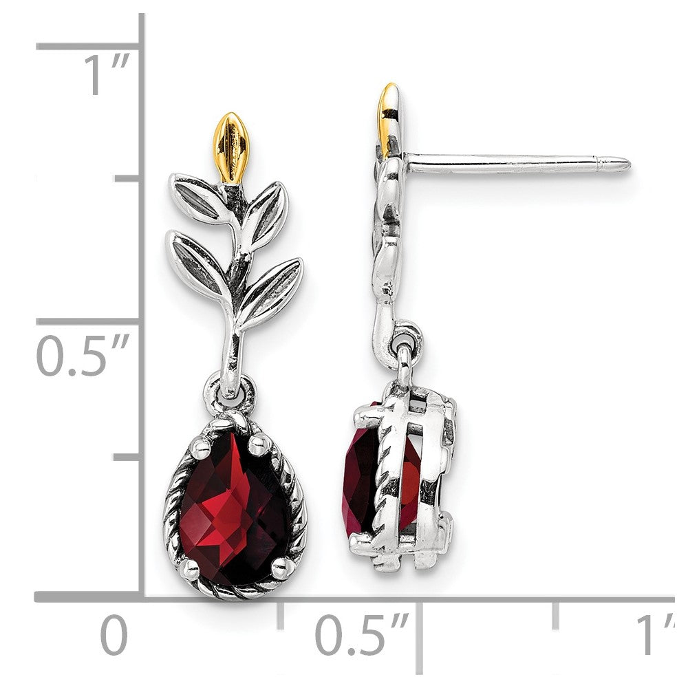 14K/Silver Two Tone Shey Couture Sterling Silver With 14K Accent 18 Inch Antiqued Leaves Pear Shaped Checkerboard Garnet Dangle Post Earrings