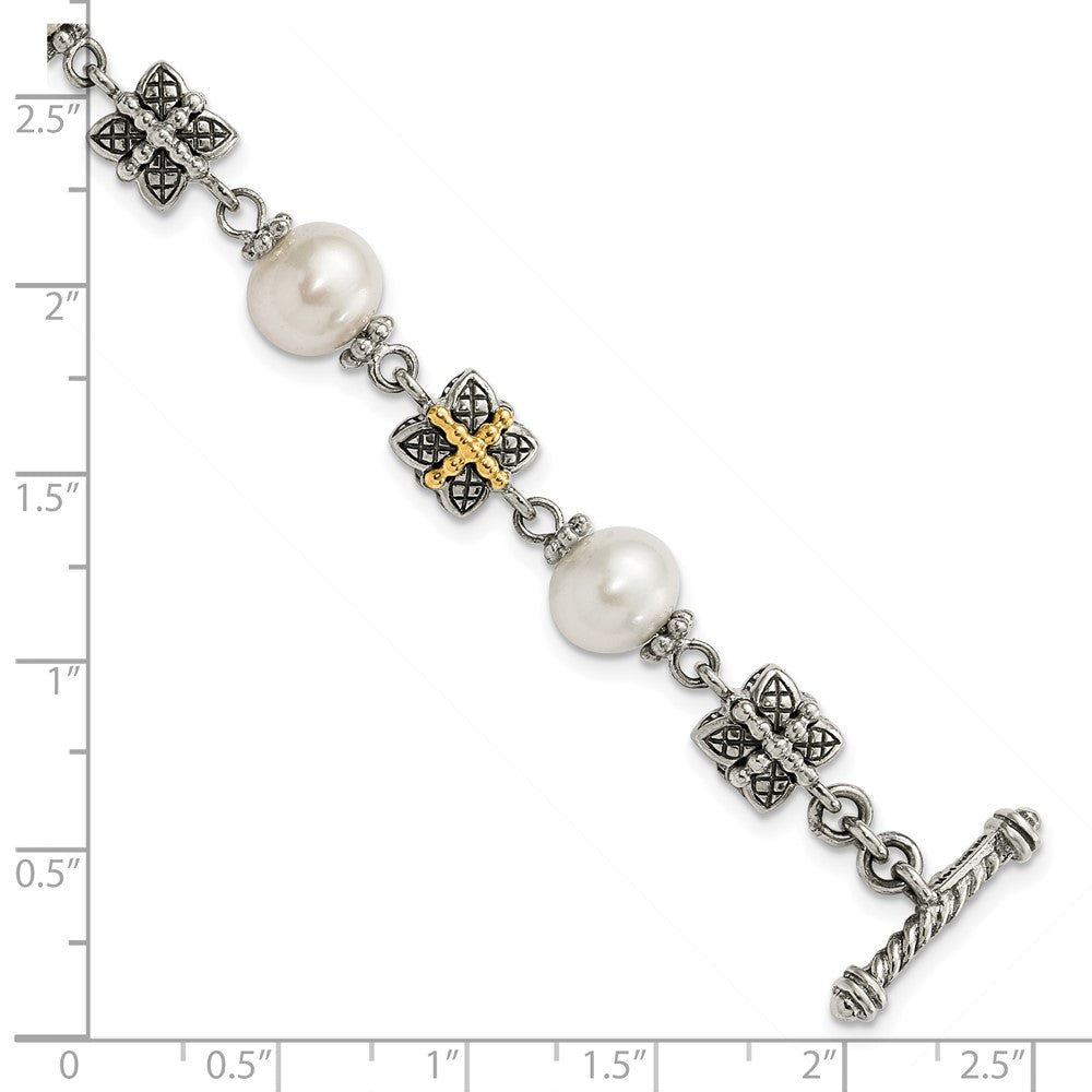 14K/Silver Two Tone Sterling Silver W/ 14Ky Accent Polished & Antiqued Freshwater Cultured Pearl Bracelet