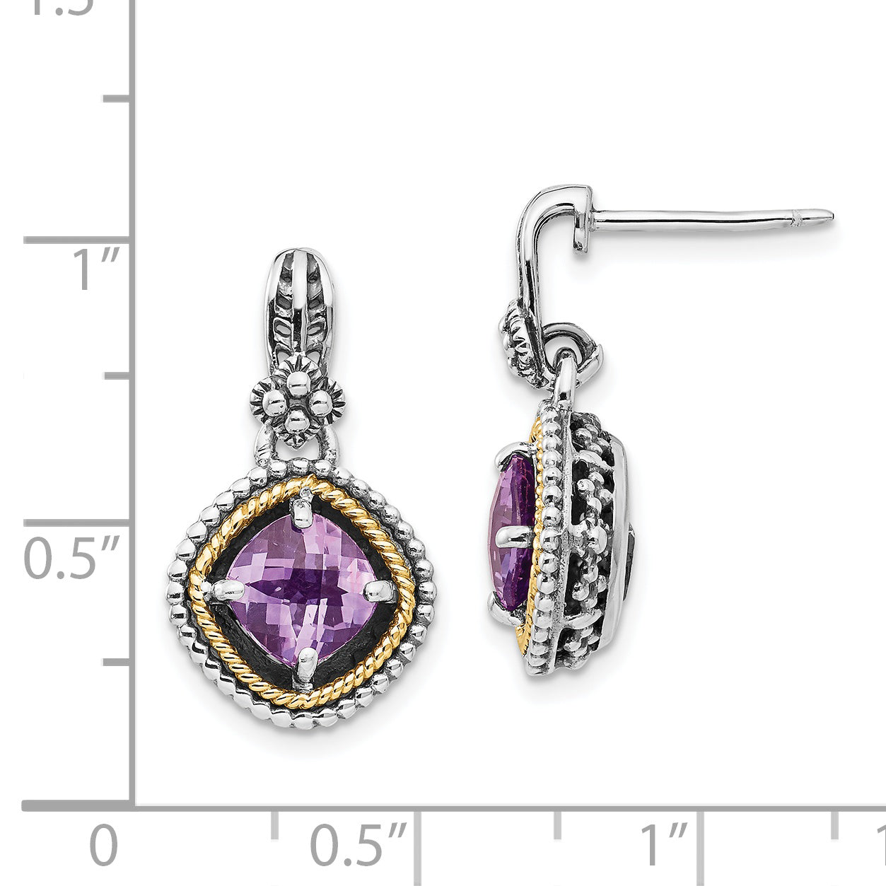 14K/Silver Two Tone Shey Couture Sterling Silver With 14K Accent Antiqued Cushion Amethyst Post Dangle Earrings