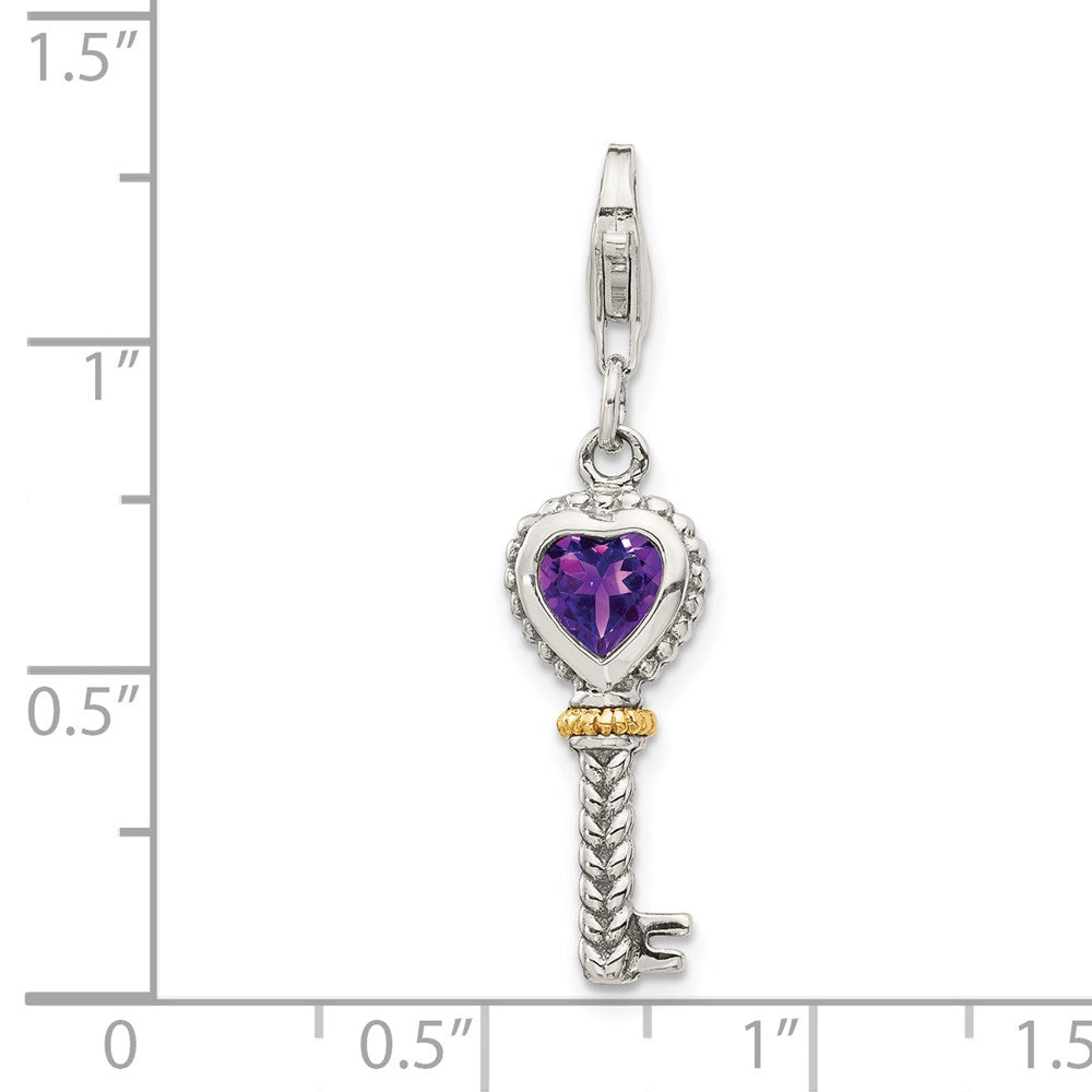 14K/Silver Two Tone Shey Couture Sterling Silver With 14K Accent Antiqued Heart Amethyst Key Lobster Clasp Charm