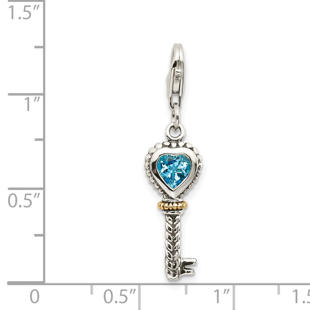 14K/Silver Two Tone Shey Couture Sterling Silver With 14K Accent Antiqued Heart Bezel Blue Topaz Antique Key Lobster Clasp Charm