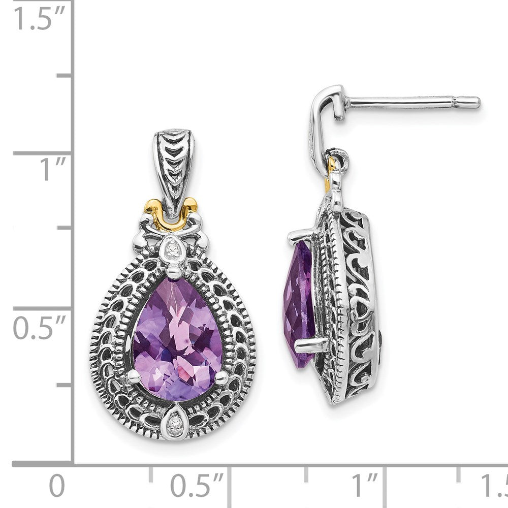 14K/Silver Two Tone Shey Couture Sterling Silver With 14K Accent Antiqued Diamond And Pear Shaped Amethyst Earrings