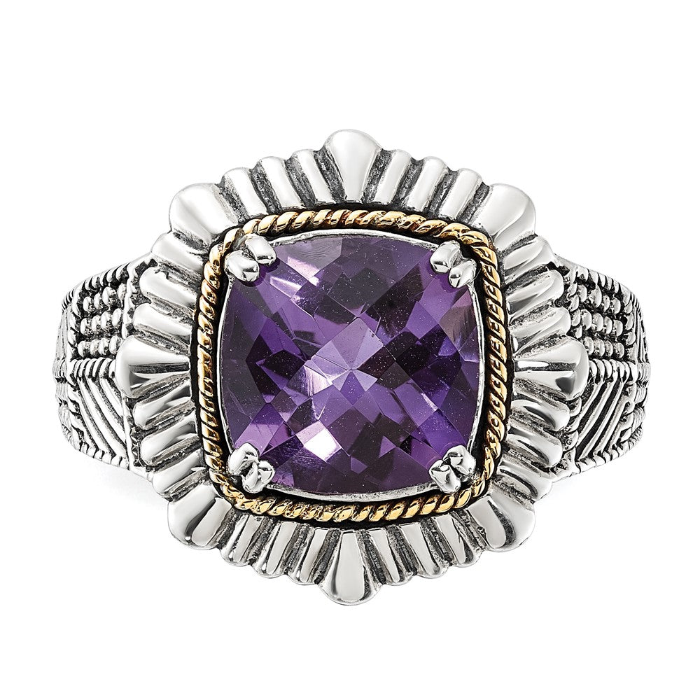 14K/Silver Two Tone Sterling Silver 14K Polished & Antiqued Textured Amethyst Ring (Size 7 Only)