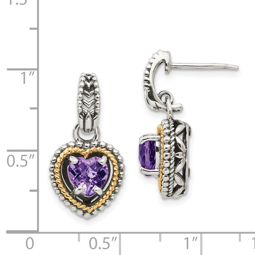 14K/Silver Two Tone Shey Couture Sterling Silver With 14K Accent Antiqued Amethyst Heart Post Dangle Earrings