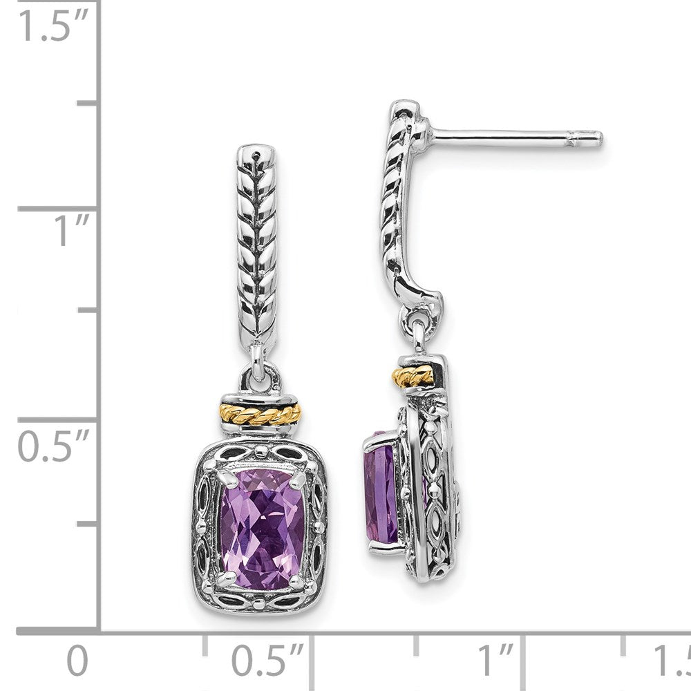 14K/Silver Two Tone Shey Couture Sterling Silver With 14K Accent Antiqued Cushion Amethyst Post Dangle Earrings