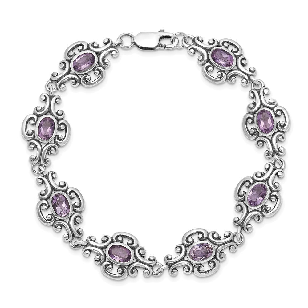 7.5 Inch Sterling Silver Rhodium-Plated Amethyst Bracelet