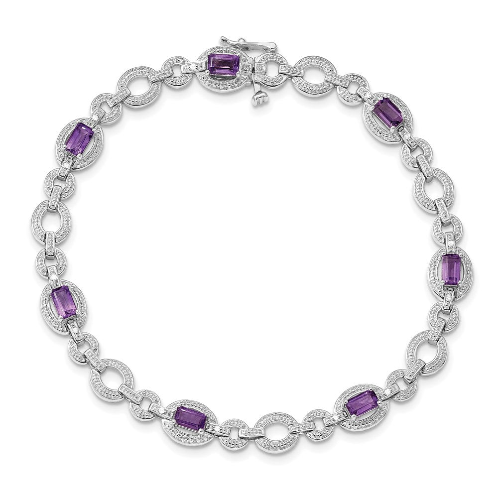 7 Inch Sterling Silver Rhodium-Plated Diamond & Amethyst Oval Link Bracelet
