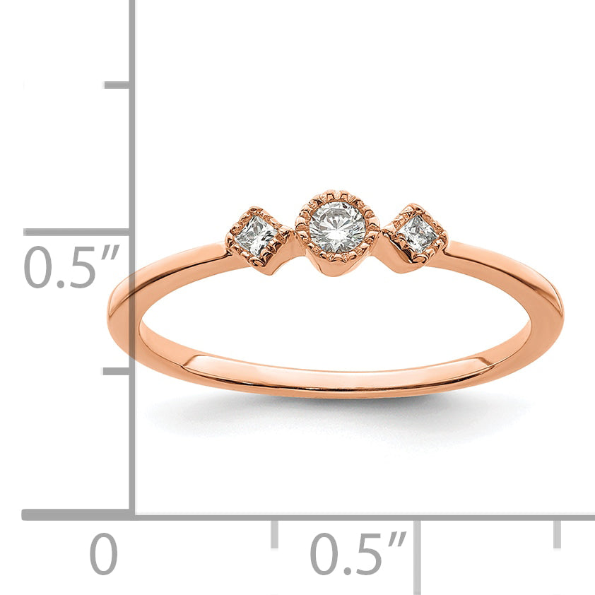 14K Rose Gold Beaded Edge Petite 3 Stone 1/10 Carat Round/Princess Diamond Complete Promise/Engagement Ring