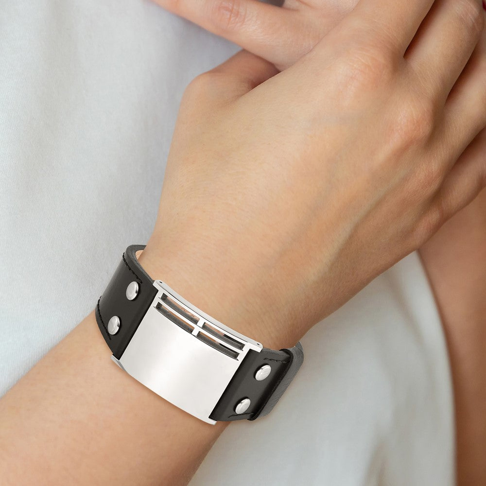 9.25 Inch Stainless Steel Polished Black Leather Adjustable Buckle 9.25In Bracelet