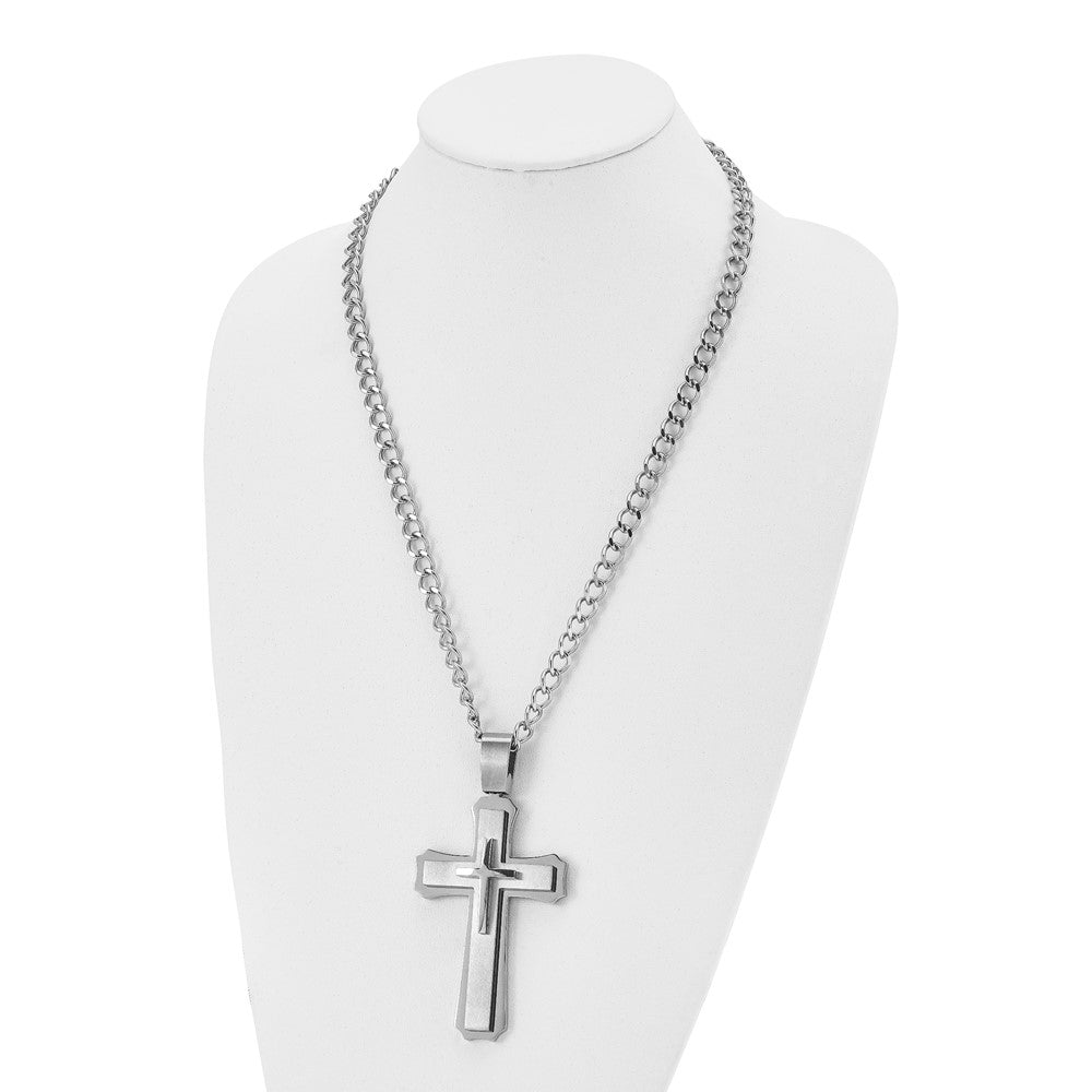 Stainless Steel Chisel Brushed And Polished Large Cross Pendant On A 24 Inch Curb Chain Necklace