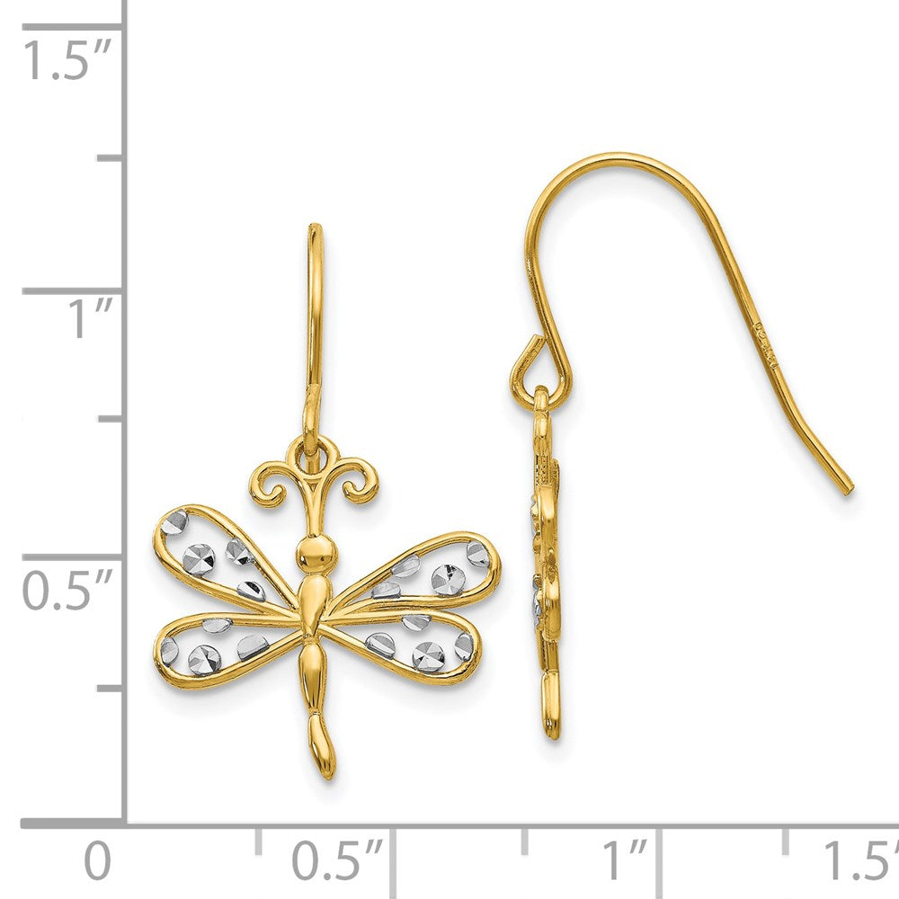 14K Yellow & Rhodium Diamond-Cut Dragonfly Shepherd Hook Earrings