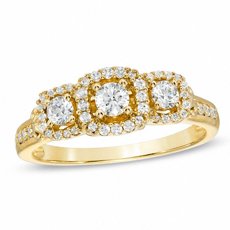1/2 CT. T.W. Diamond Three Stone Frame Engagement Ring in 14K Gold