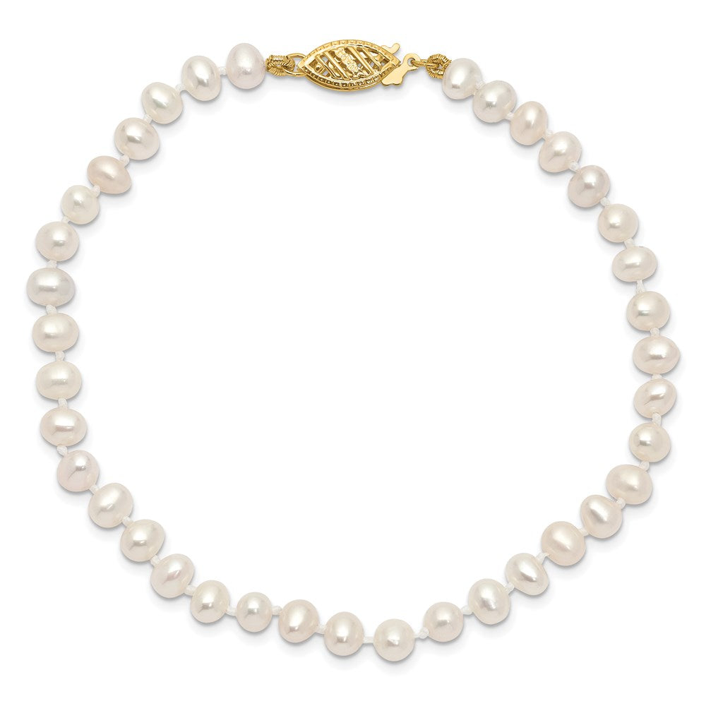 14K Yellow Gold 4 5mm White Near Round Freshwater Cultured Pearl 7.5 Inch Bracelet