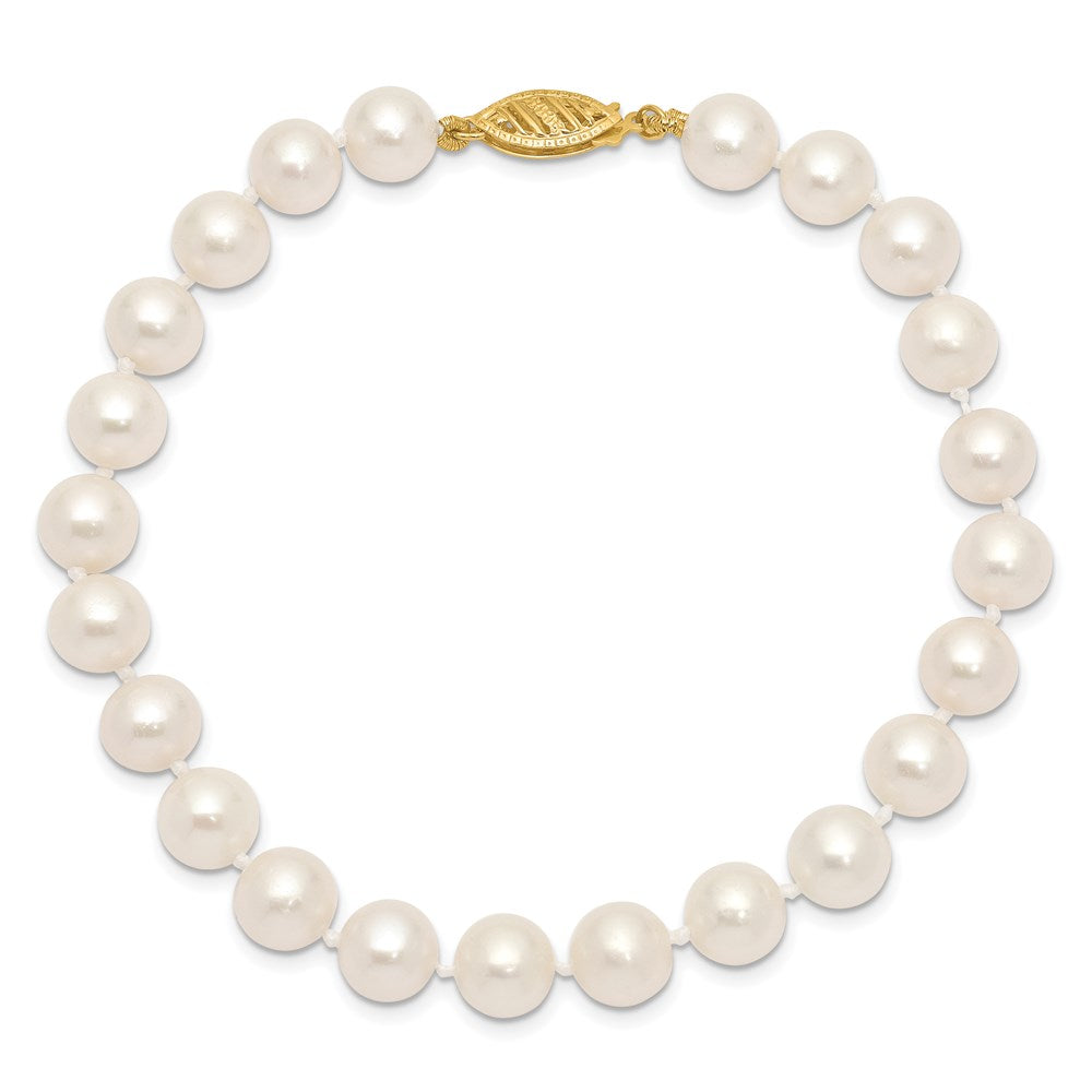 10K Yellow Gold 7-8mm White Near Round Freshwater Cultured Pearl 8.25 Inch Bracelet