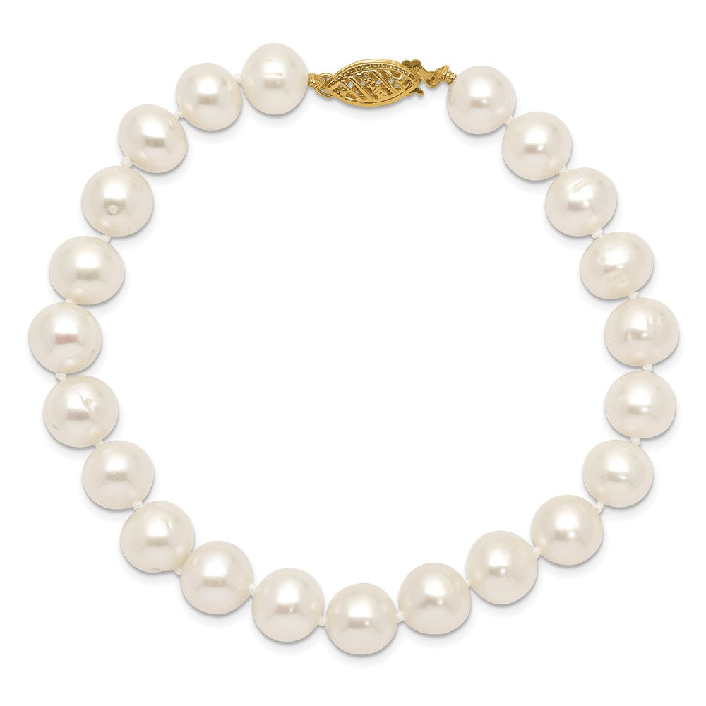 10K Yellow Gold 8-9mm White Near Round Freshwater Cultured Pearl 8.25 Inch Bracelet