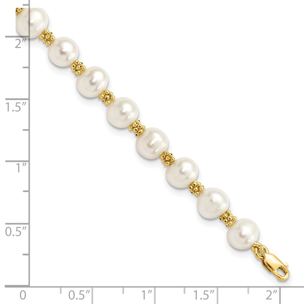 14K Yellow Gold 6 7mm White Round Freshwater Cultured Pearl 7.25 Inch Bracelet