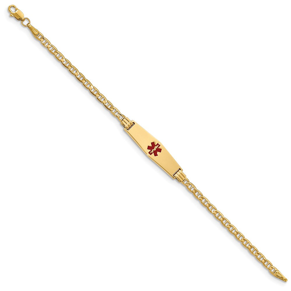 14K Yellow Gold Medical Solid Chain/Solid Plate 25X7mm Soft Diamond Shape Centered Red Enamel Anchor Link 7 Inch Id Bracelet