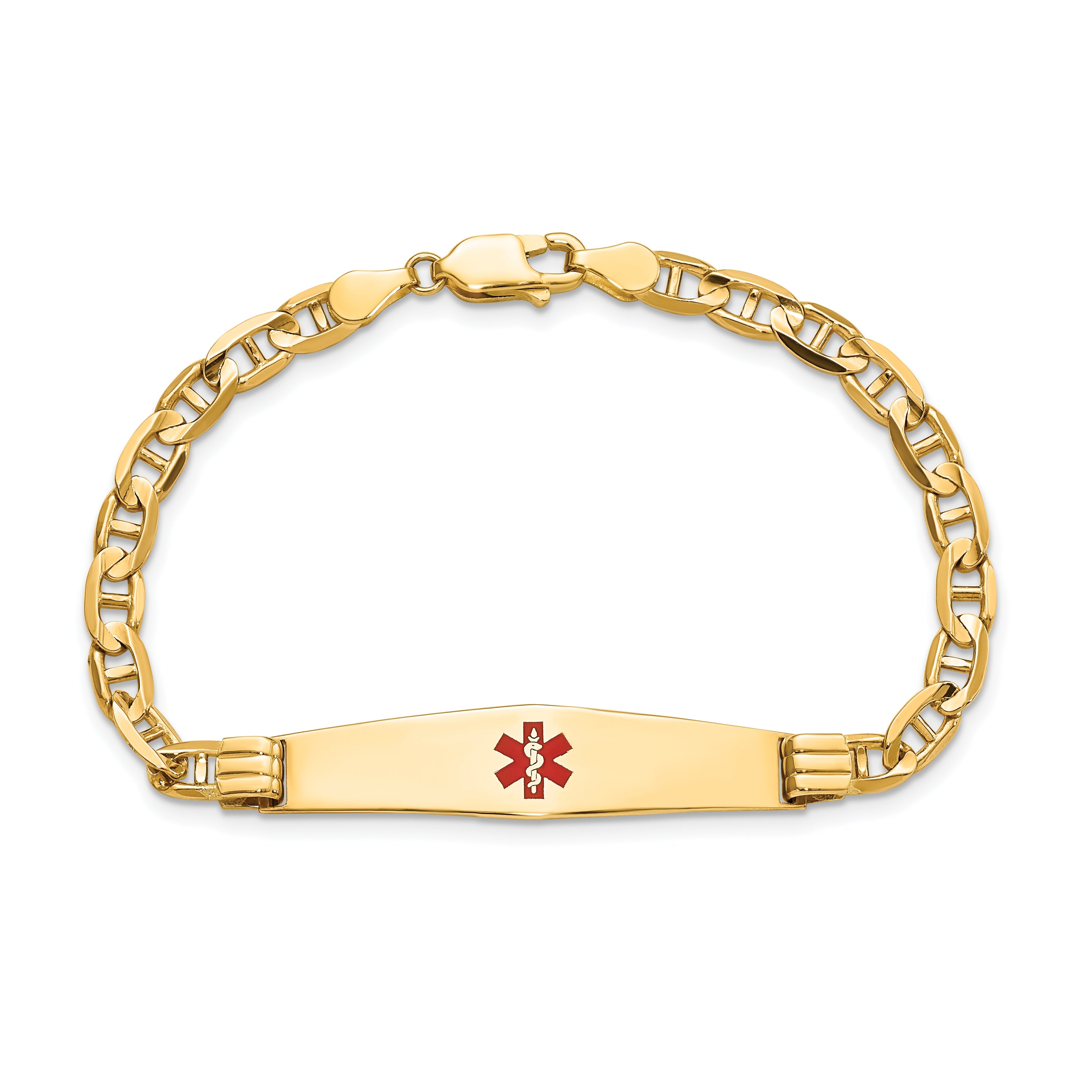 14K Yellow Gold Medical Solid Chain/Solid Plate Soft Diamond Shape 36X9mm Centered Red Enamel Anchor Link 7 Inch Id Bracelet