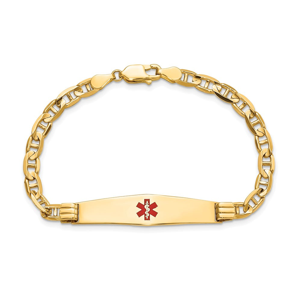 14K Yellow Gold Medical Solid Chain/Solid Plate Soft Diamond Shape 36X9mm Centered Red Enamel Anchor Link 8 Inch Id Bracelet