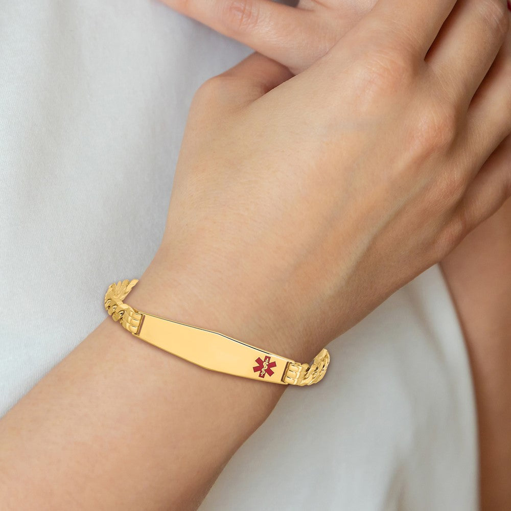 14K Yellow Gold Medical Solid Chain/Solid Plate Soft Diamond Shape 38X9mm Off Center Red Enamel Curb Link 8 Inch Id Bracelet