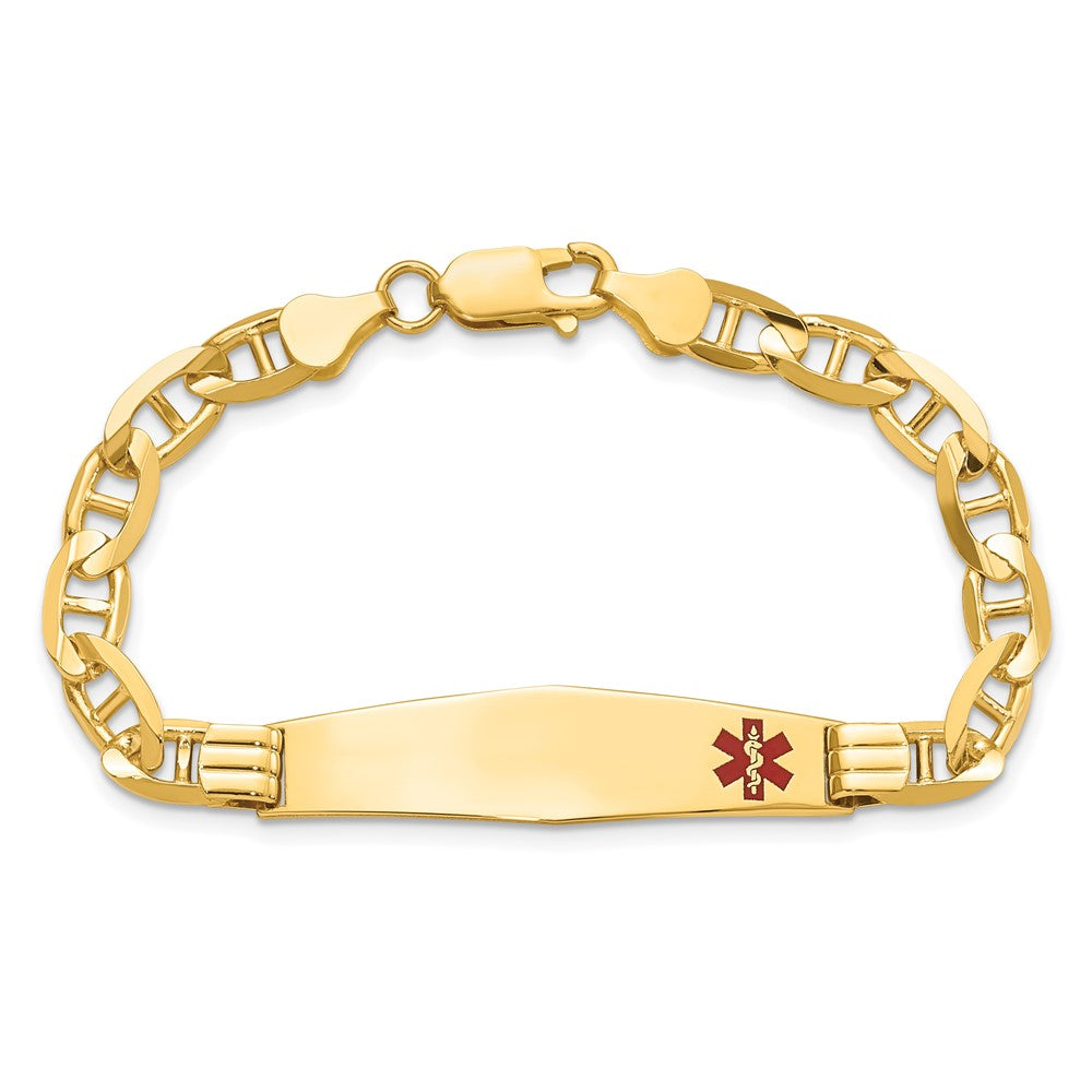 14K Yellow Gold Medical Solid Chain/Solid Plate Soft Diamond Shape 38X9mm Off Center Red Enamel Anchor Link 7 Inch Id Bracelet