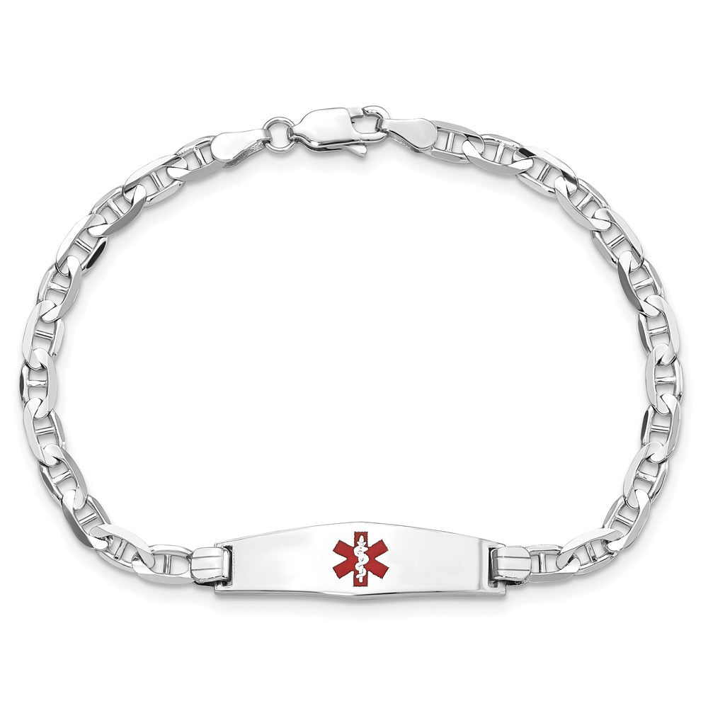 14K White Gold Medical Solid Chain/Solid Plate 24X7mm Soft Diamond Shape Centered Red Enamel Anchor Link 7 Inch Id Bracelet