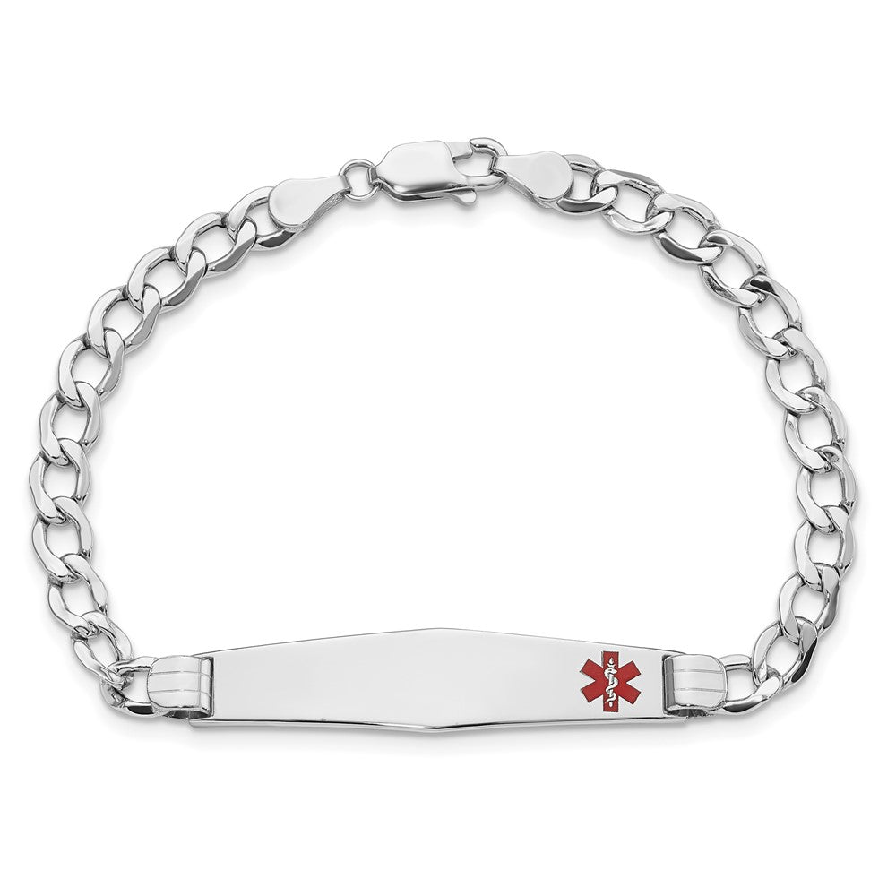 14K White Gold Medical Semi Solid Chain/Solid Plate Soft Diamond Shape 37X9mm Off Center Red Enamel Cuban Link 8 Inch Id Bracelet