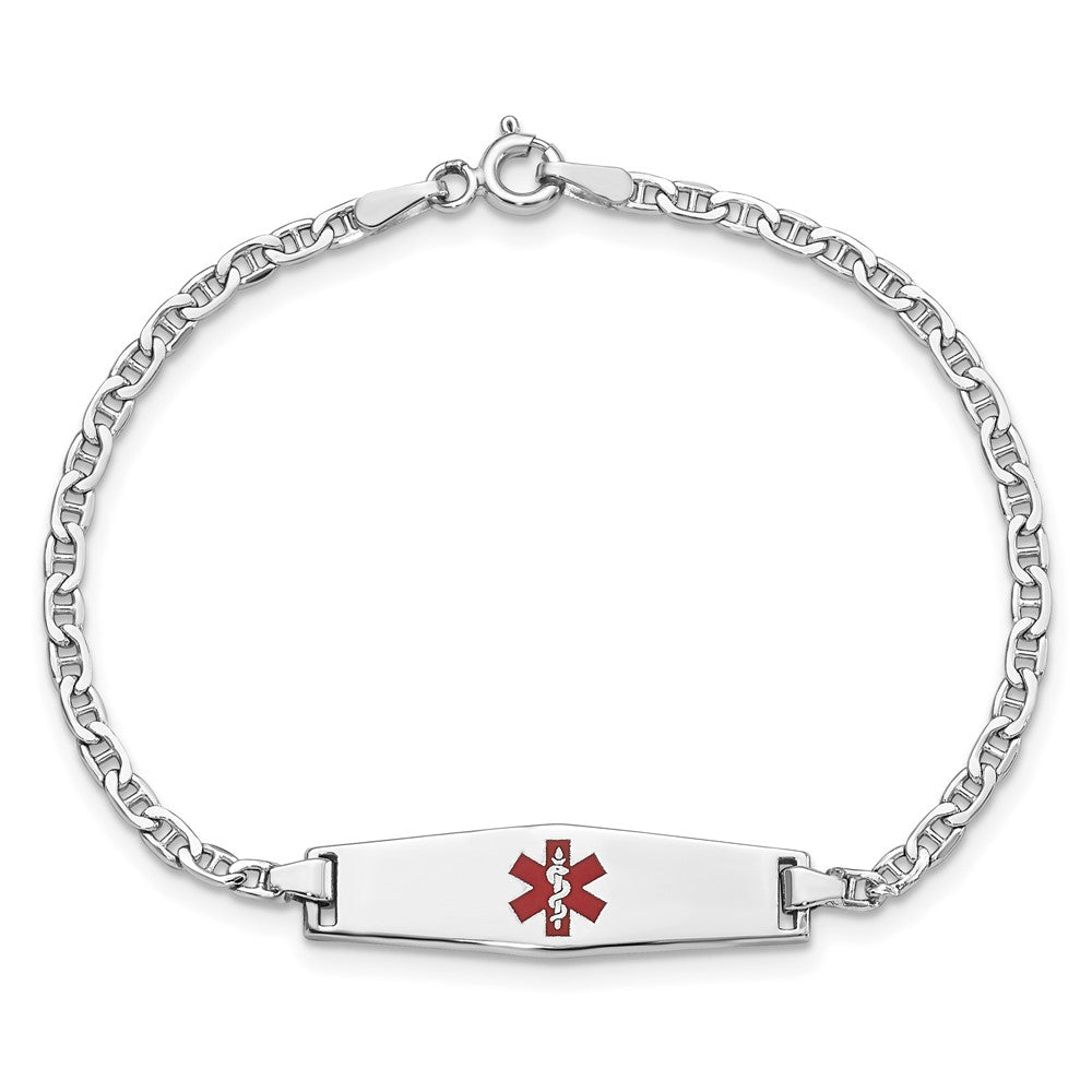 14K White Gold Medical Semi Solid Chain/Solid Plate 25X7mm Soft Diamond Shape Centered Red Enamel Anchor Link 6 Inch Baby/Child Id Bracelet