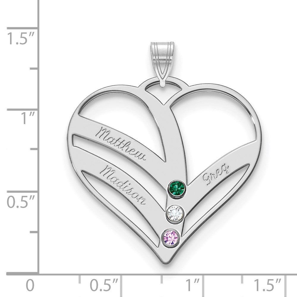 14K White Gold 14Kw 3 Name Birthstones 18K Rhod Plated Bezel Cut Out Heart Pendant