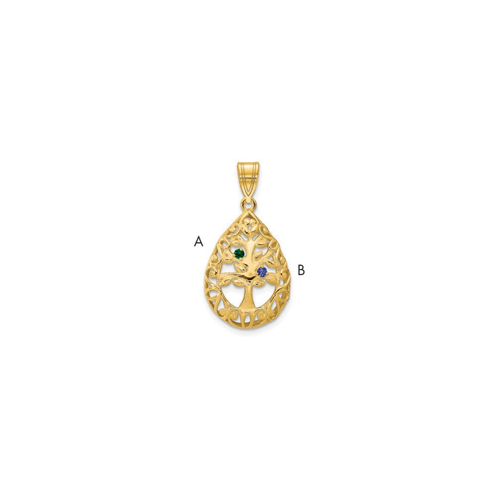 14K Yellow Gold 14Ky 2 Birthstone Tree Of Life Tear Drop Pendant