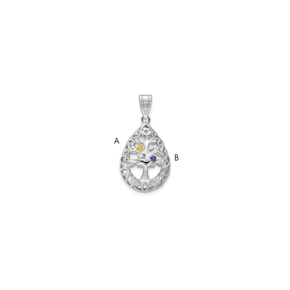 14K White Gold 14Kw 2 Birthstone Tree Of Life Tear Drop Pendant